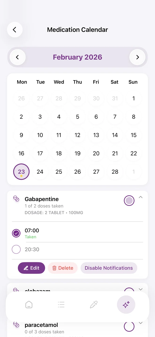 Medication Calendar with the 07:00 gabapentin dose marked as taken and the 20:30 dose still to come.
