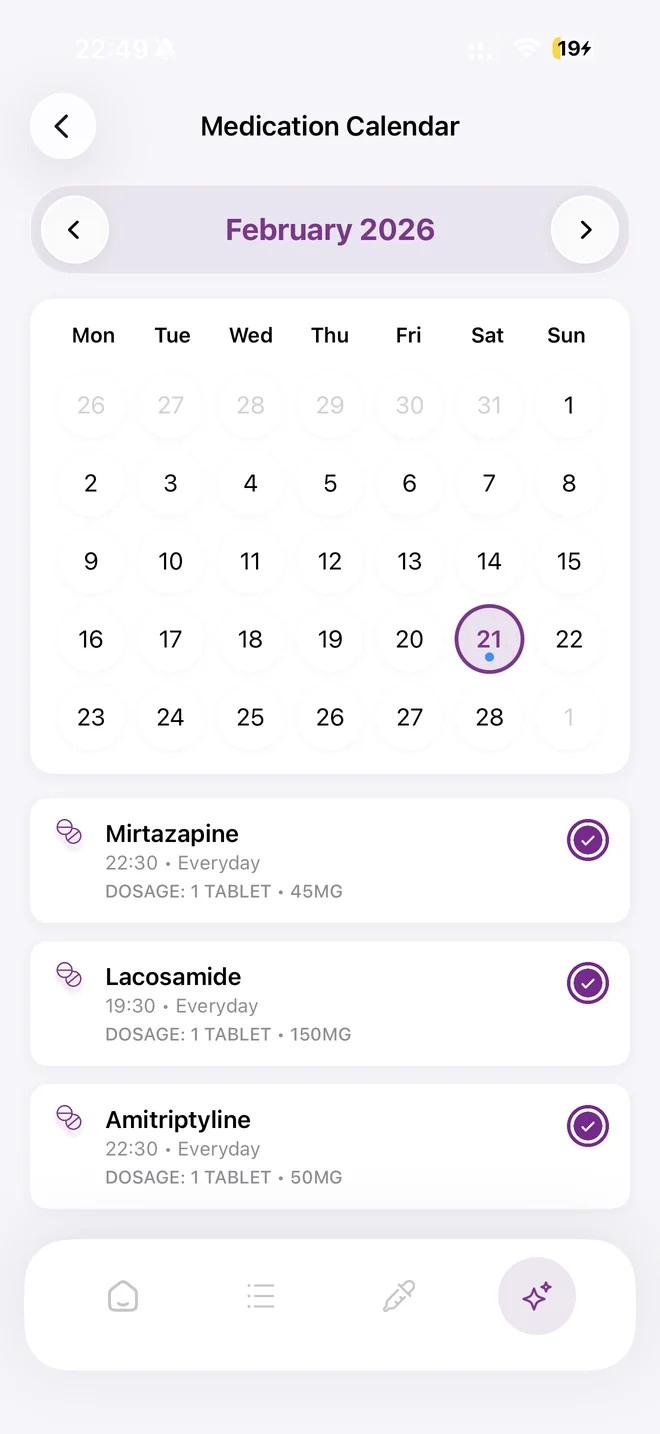 Medication Calendar screen for February 2026 with the day’s doses ticked off.