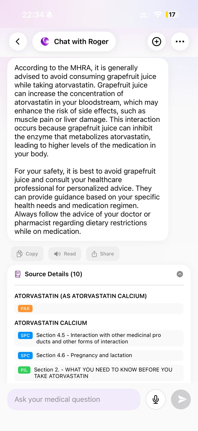 Chat with Roger answering a question about grapefruit juice and atorvastatin, with source details from the SmPC and patient leaflet.