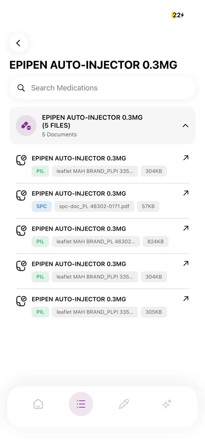 Medicine page listing official patient leaflets and SmPC documents for an adrenaline auto-injector.