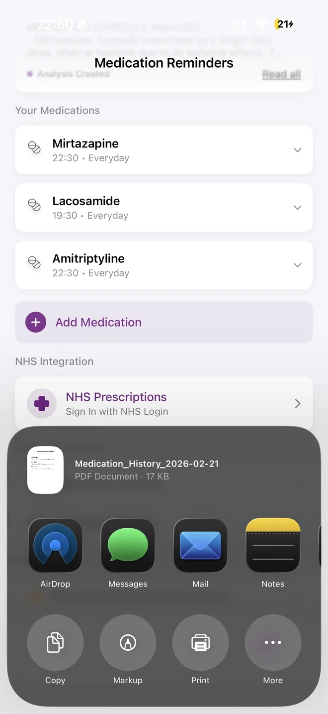 Share sheet for a Medication History PDF exported from My Meds.