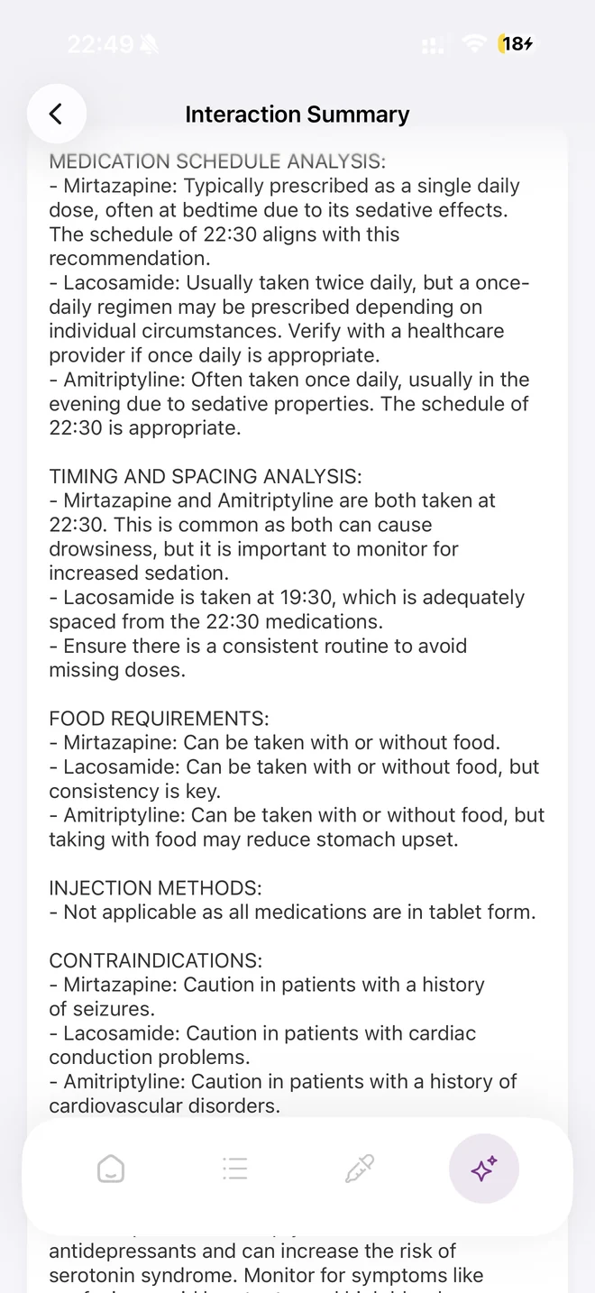 Interaction Summary with timing, food requirement and contraindication analysis for a medication schedule.