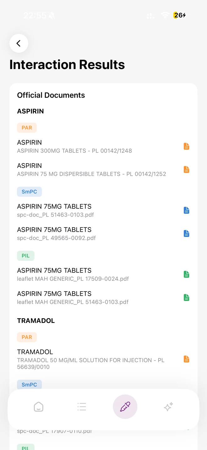 Interaction Results listing the official PAR, SmPC and leaflet documents for aspirin and tramadol.