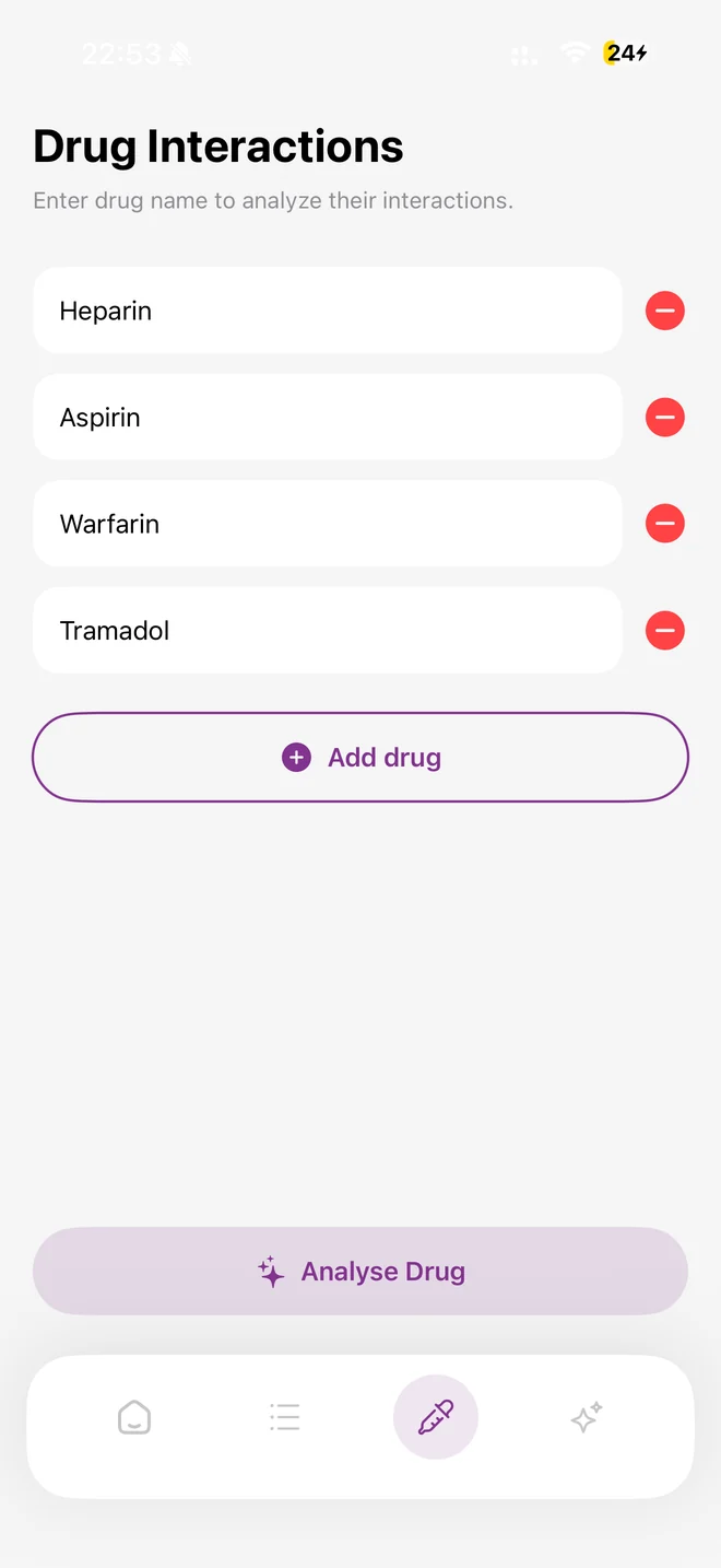 Drug Interactions screen with heparin, aspirin, warfarin and tramadol added.