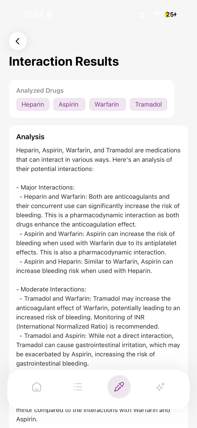 Interaction Results screen analysing heparin, aspirin, warfarin and tramadol.