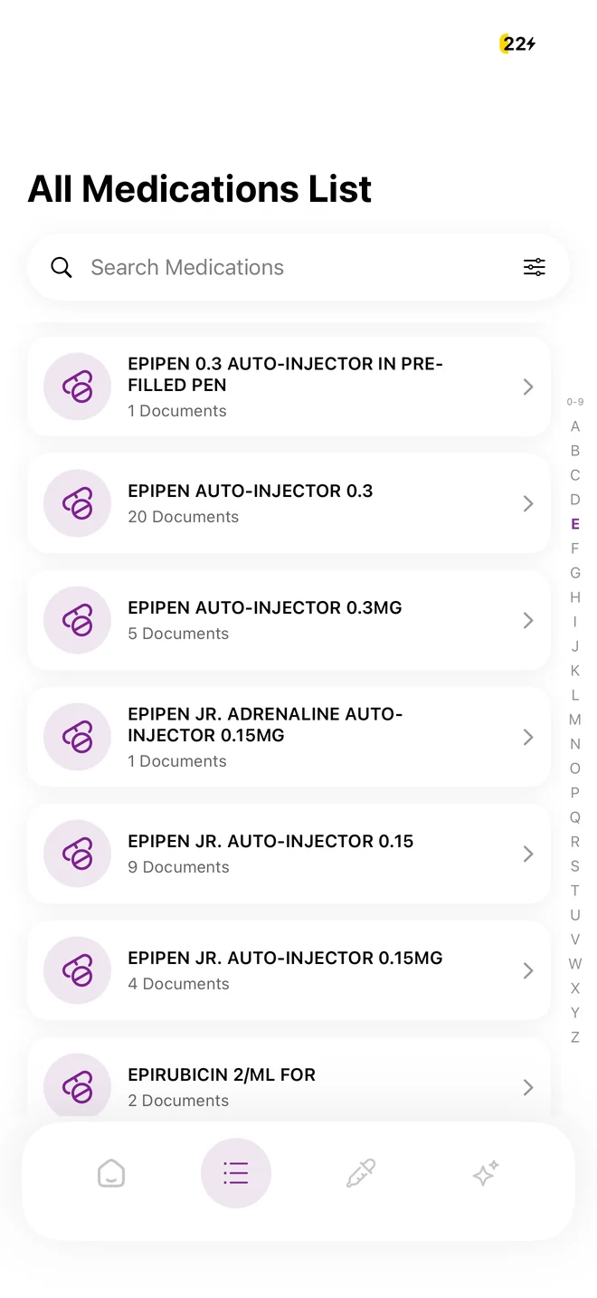 All Medications List showing adrenaline auto-injector products and their document counts.