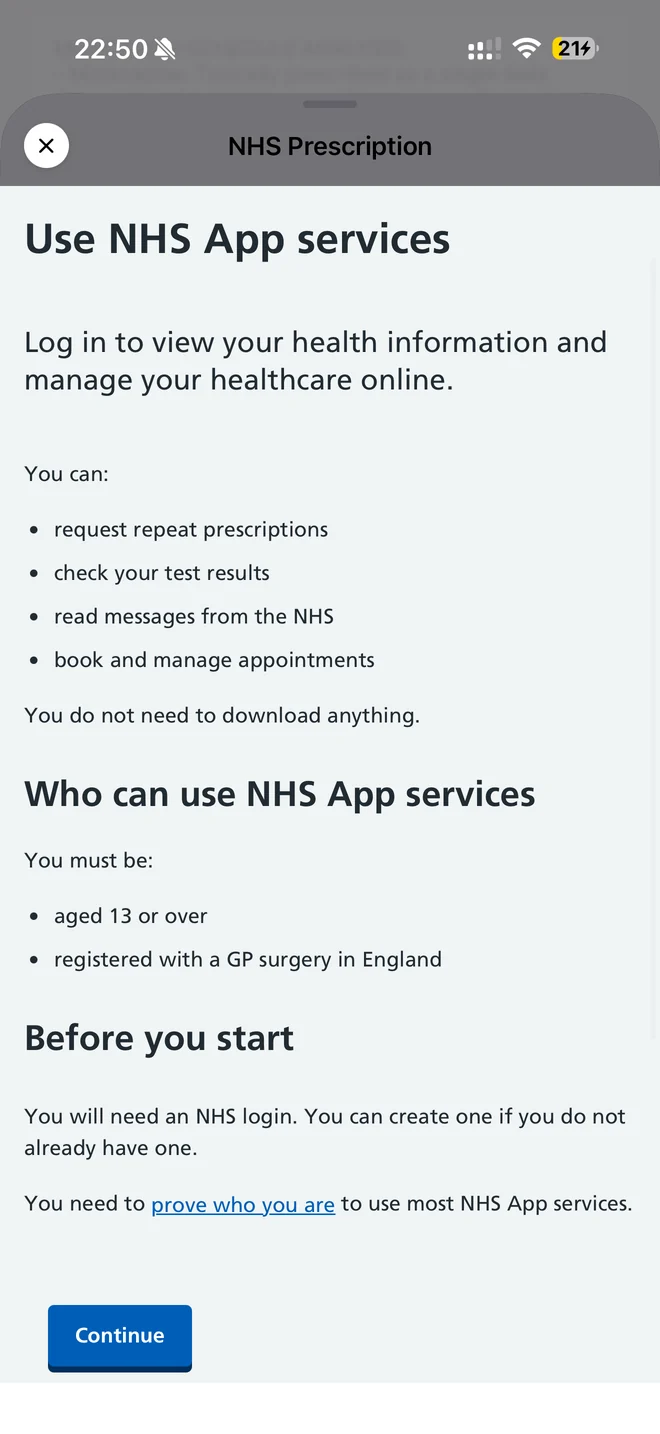 NHS Prescription sheet explaining NHS App services and NHS login, with a Continue button.