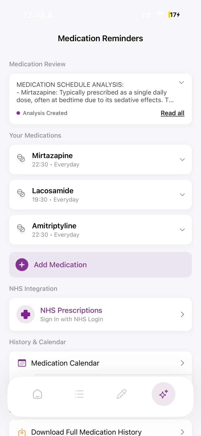 Medication Reminders screen with a schedule analysis and three daily medicines.