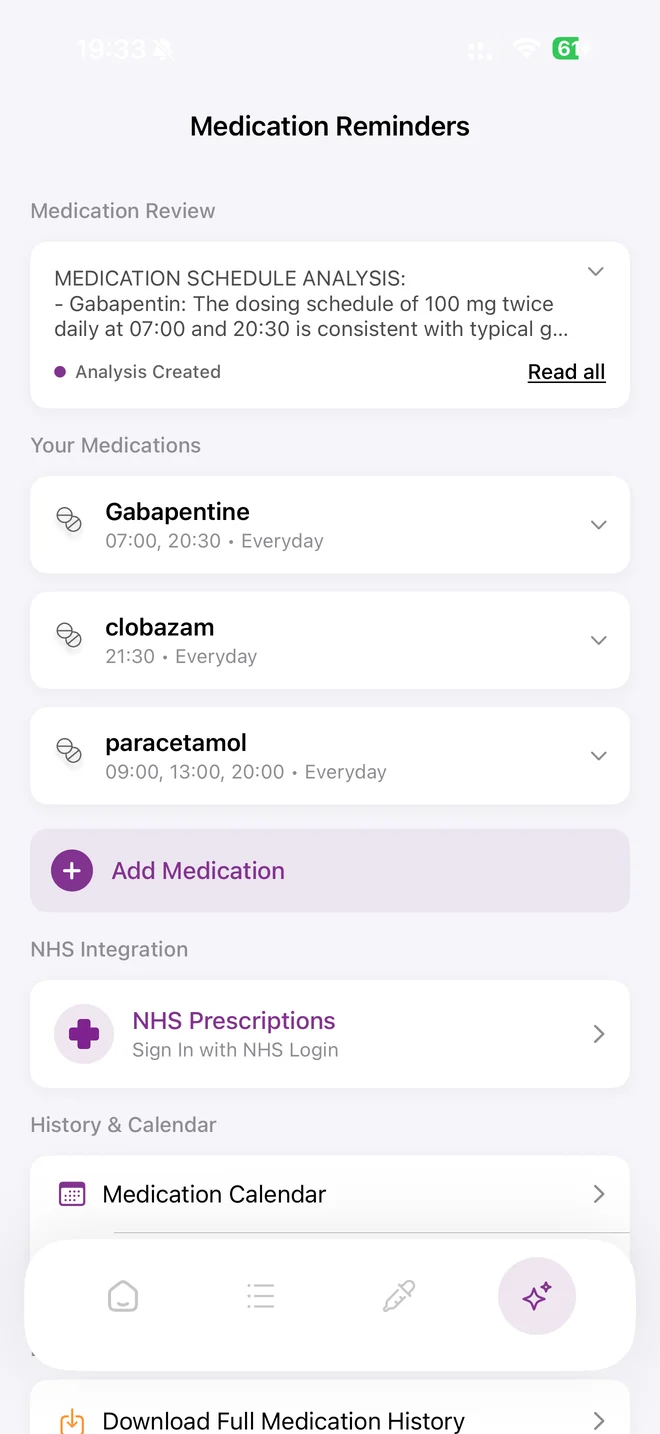 Medication Reminders screen with an AI schedule analysis and daily doses.