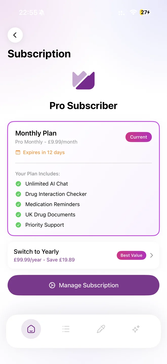 Subscription screen showing the Pro monthly plan and the option to switch to yearly.